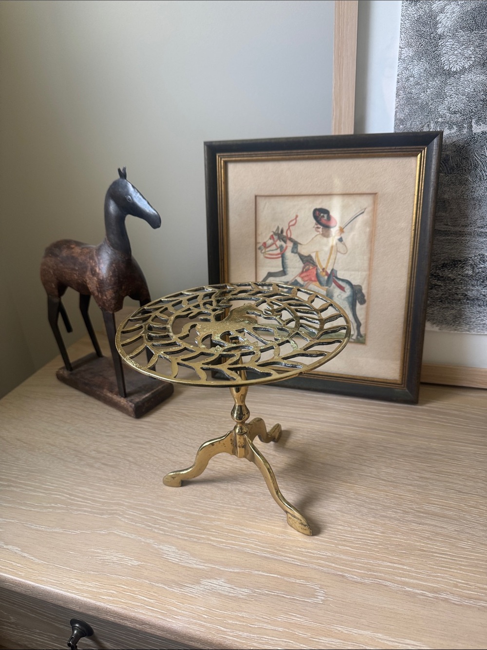 Vintage Brass Decorative Pedestal Table Plant Stand - Intricate Horse Filigree